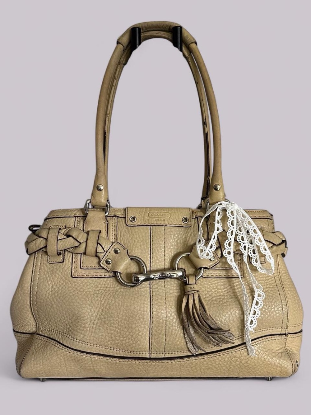 Y2K Cream Coach Hamptons Braided Leather Satchel Bag